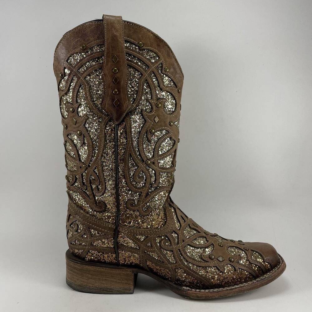 Corral C3275 Orix Glitter Cowboy Boots Womens Size 8 M Brown Studded Leather